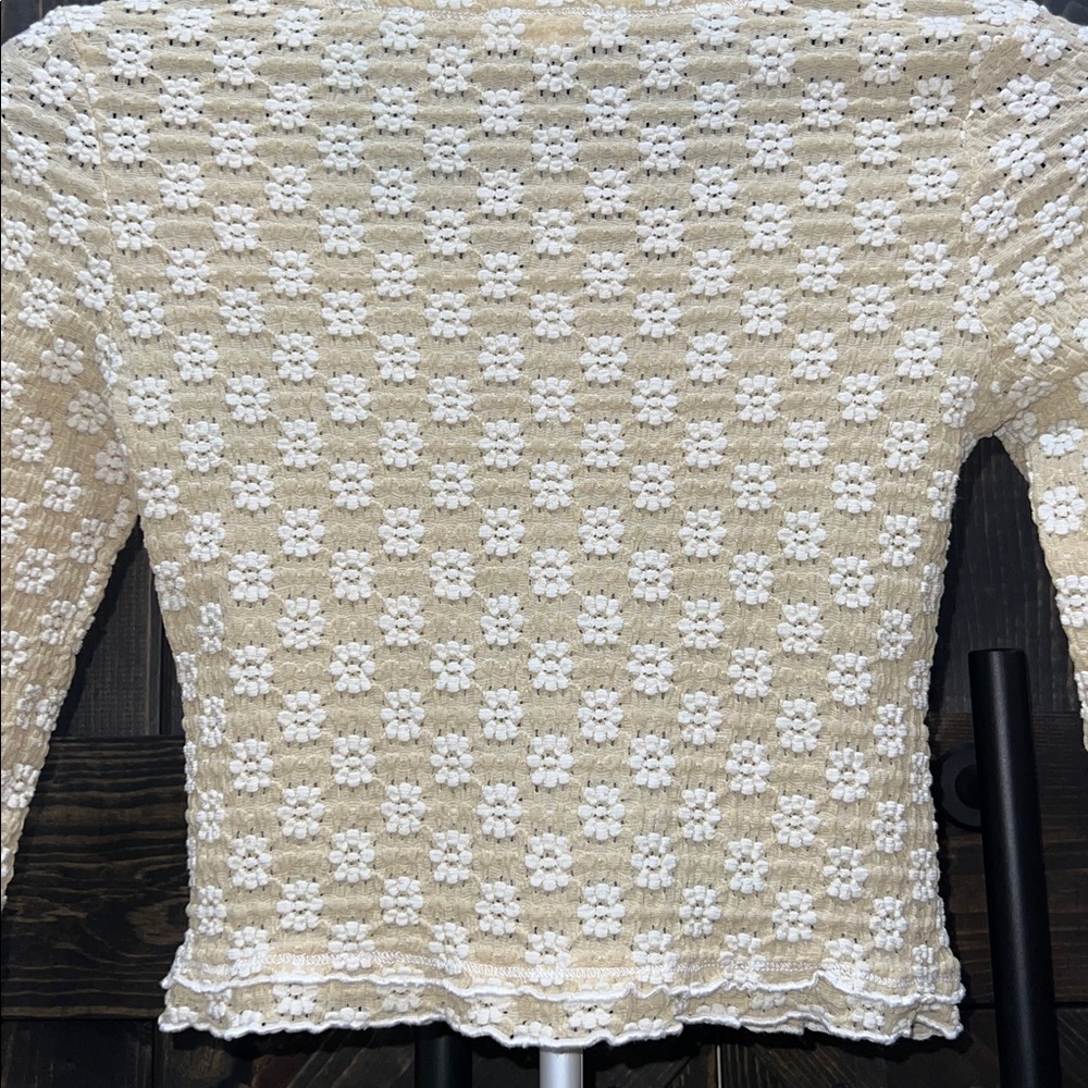Promesa Eyelet Floral Crop Top S Long Sleeves Ruffle Boho Chic Cream Coquette - Picture 7 of 12